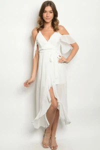 White Ruffled Accent High Low Maxi Dress Size Medium - Picture 1 of 2