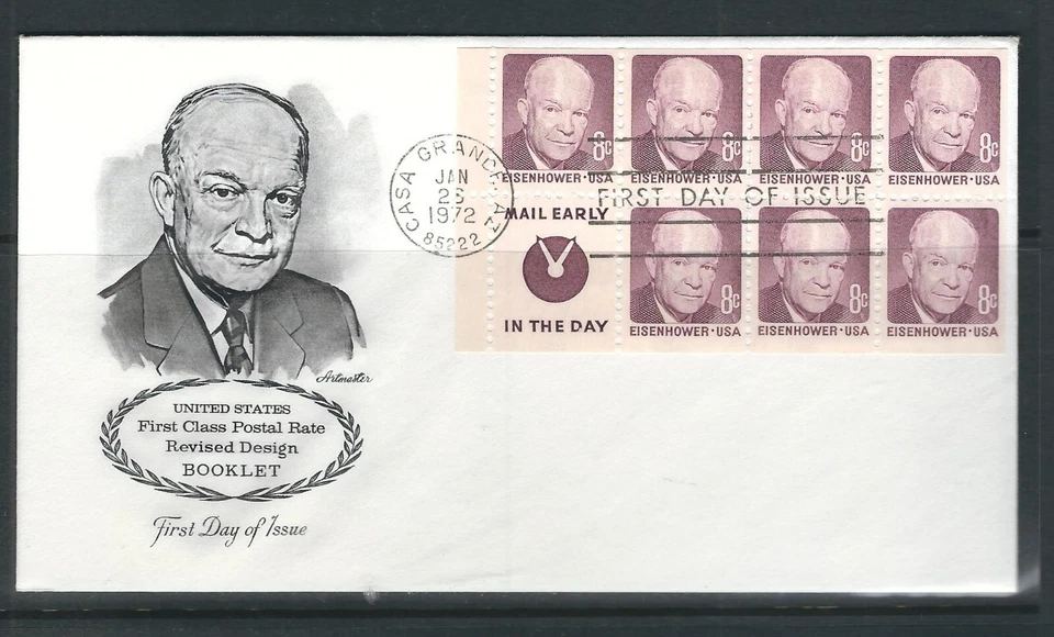 USA SC # 1395d Eisenhower Booklet pane of 7 plus label . Artmaster cachet ... - Image 1 of 1