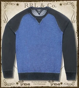 RRL Ralph Lauren Hombre Azul Negro Índigo Doble-V Terry Francés Raglán Sudadera - Imagen 1 de 3