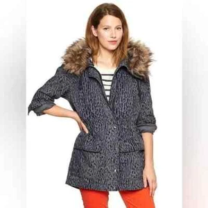 GAP L Gray Animal Print Faux Fur Trim Parka Jacket Coat - Picture 1 of 6
