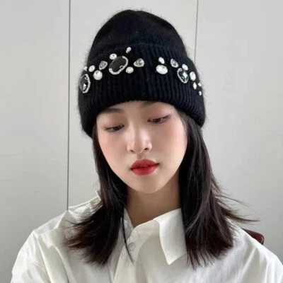 女士水钻针织帽豆豆帽水晶珠装饰滑雪冬季保暖 — 第 1/4 张图片