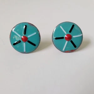 Vintage Copper and Enamel Screwback Earrings Round Turquoise Color .75 Inches - Picture 1 of 5