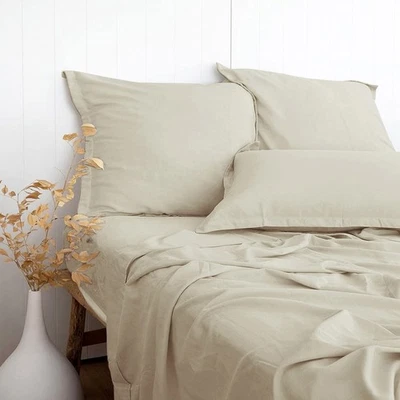 Beige Linen-Textured Bed Sheets Set, Bamboo Rayon, Cotton, Linen Blend Bed Sh... - Image 1 of 4
