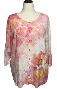 Top CJ Banks para mujer 3X rosa amarillo floral pasteles abotonados manga 3/4 carrera - Imagen 1 de 11