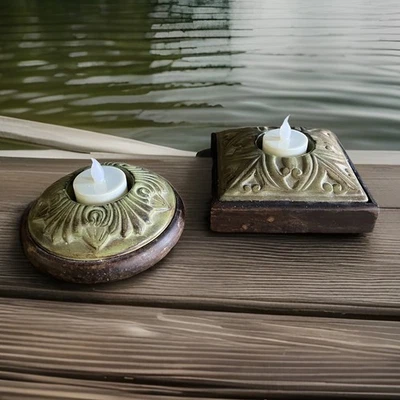 2 керамических деревянных деревенских оливково-зеленых чайных светильника подсвечники набор - Изображение 1 из 4