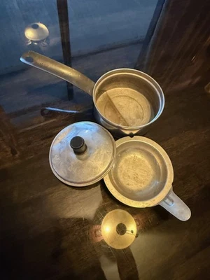 VINTAGE Small EGG POACHER PAN 3 Piece Aluminum Pan Black Handle on Lid - Image 1 of 3