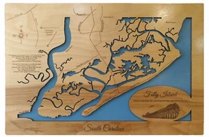 Folly Island, SC - Mappa costiera - Mappa in legno tagliata al laser | Wall Art | Su ordinazione - Foto 1 di 6