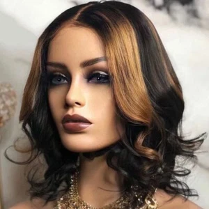 Ombre Blond Highlight 13x4 Lace Front Wigs Human Hair Short Wavy Wig Pre Plucked - Picture 1 of 10