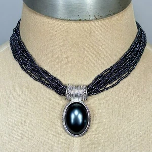 Multistrand NavyBlue Seed Beaded Adjustable Necklace Black Oval Cabochon Pendant - Picture 1 of 18