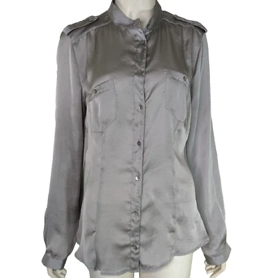 Blusa Camisa De Colección Años 80 Benetton Para Mujer Gris Mediana Para Mujer Cuello Mandrina LS Foto 1 de 4
