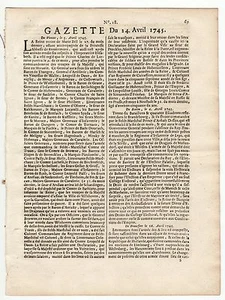 1745, Apri 24, Original French Gazette # 18, Period of the 3rd intercolonial war - Imagen 1 de 6