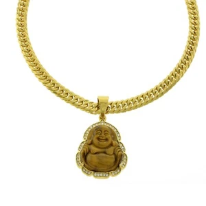 Men Gold Stainless Steel Tiger Eye Brown Buddha Pendant Cuban Chain Necklace   - Picture 1 of 2