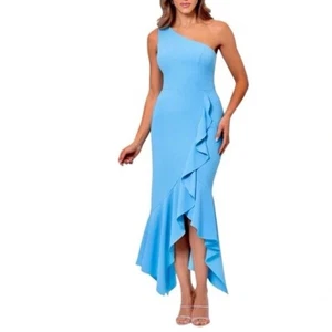 Xscape Women Dress Size 12 Blue Crepe One Shoulder High Low Ruffle Sleeveless - Picture 1 of 7