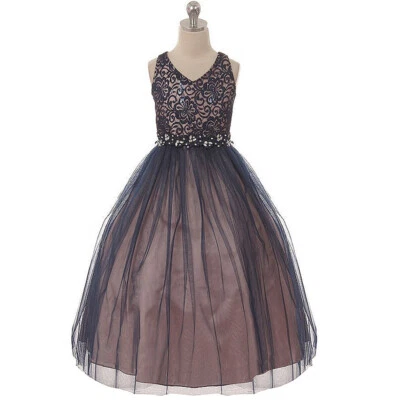 NAVY ROSE Size 12 Two Tone Flower Girl Dress Dance Birthday Party Recital Prom - Image 1 of 4