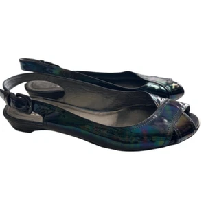 Stuart Weitzman Patent Leather Sling Back Flats Women's 8 Black Petrol Patent - Picture 1 of 12
