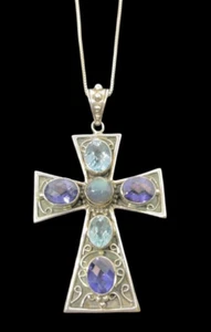 Nicky Butler Ster. Silver Cross Pendant Topaz Amethyst Gemstone + 29” S.S. Chain - Picture 1 of 13