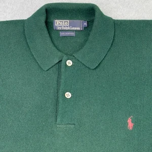 VTG 90s POLO RALPH LAUREN 100% Lambswool Sweater Sz XL Henley Green Red Pony - Picture 1 of 6
