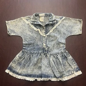80s Vintage Cherokee Acid Wash Ruffle Jean Denim Dress Top Girls 3T - Picture 1 of 14