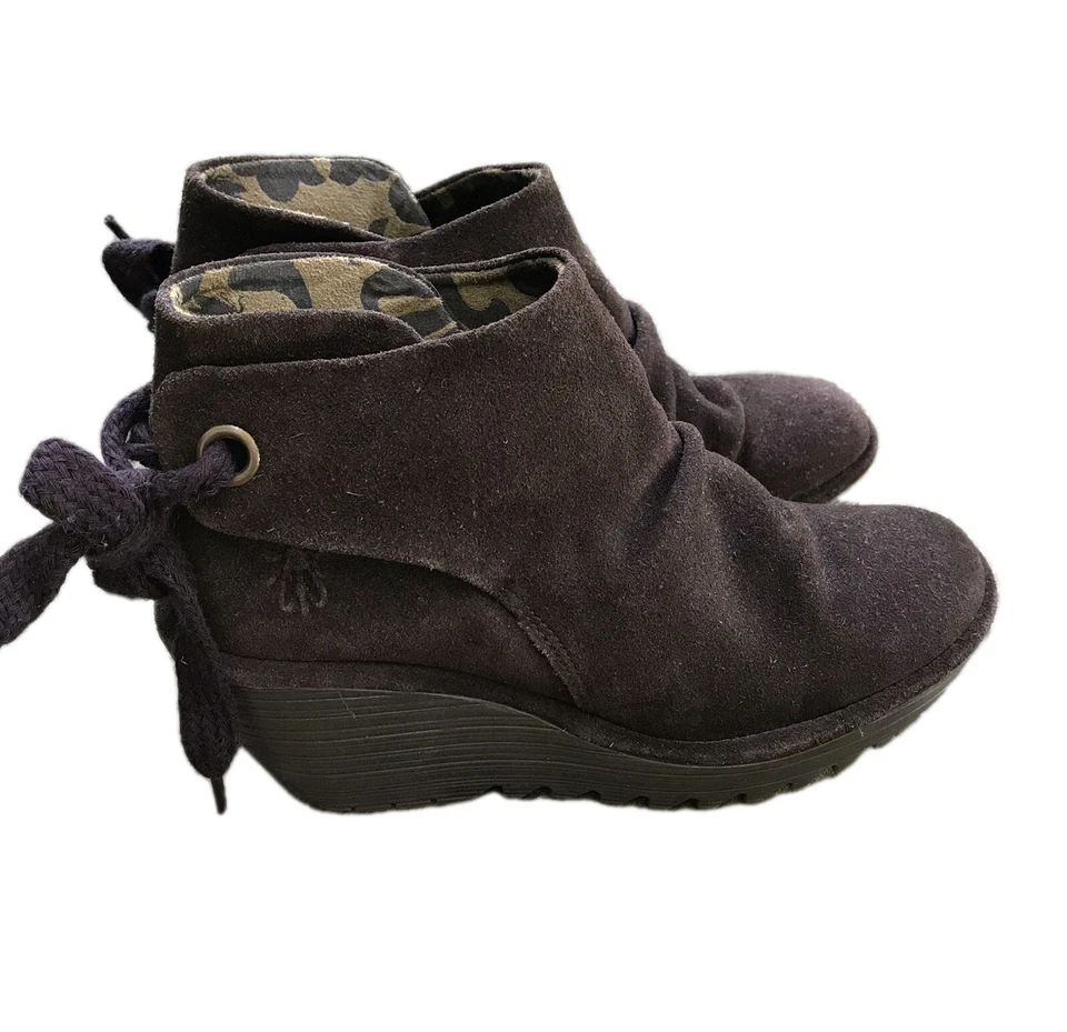 FLY London Yebi Espresso Suede Ruched Ankle Wedge Boots w Tie EU 37 US 6.5 Y2k - Image 1 of 4