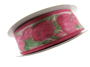 Wired Edge Organza Ribbon with Cerise Tulip & Green Leaves - 5m x 35mm - Picture 1 of 6