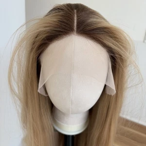 Parrucca lunga dritta cenere bionda T frontale in pizzo capelli sintetici resistenti al calore - Foto 1 di 9