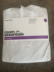 Room Essentials Printed Microfiber White With Gray Stripe Size Full Sheet Set - Picture 1 of 2