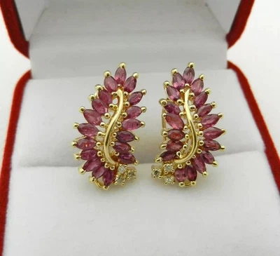Cluster Women Earring 14K Yellow Gold Plated Marquise Cut Simulated Ruby/Diamond - Image 1 of 4