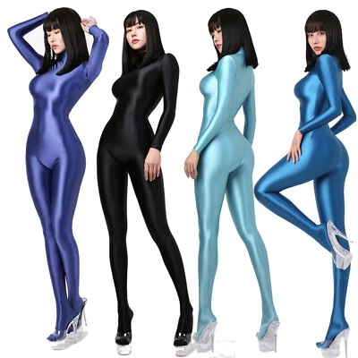 Damen Sexy Oil Catsuit Langarm Einteiler Satin Overalls Jumpsuit Cosplay Leotard - Bild 1 von 4