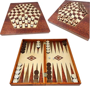 3-in-1 Backgammon + Schachspiel und Dame für 3 Personen aus Holz 35x35 cm - Bild 1 von 8
