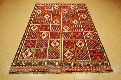 c1910s ANTIQUE PANEL_TILE DESIGN CAUCASIAN SOUMAK KILIM RUG 4'10" x 8'  VEGY DYE - Image 1 of 4