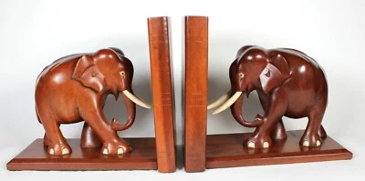 Ancien Serres Livres Éléphants Bois Bookends - Photo 1/4