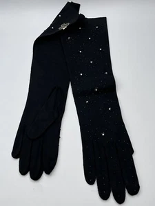 VTG Gimbels Womens Gloves Black Beaded Rhinestone Double Woven Prom Wedding Sz 7 - Picture 1 of 11