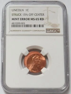 2003 STRUCK 15% OFF CENTER MINT ERROR LINCOLN CENT NGC MINT STATE 65 RED - Picture 1 of 3