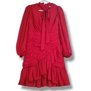 Mac Duggal Red Mini Mermaid Cocktail Dress Ruffle Tie Neck Long Sleeve Size 2 - Picture 1 of 16