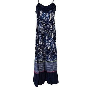 Navy Blue, pink, neon yellow Leaf Print  girls L 10/12 Maxi Dress - Picture 1 of 5