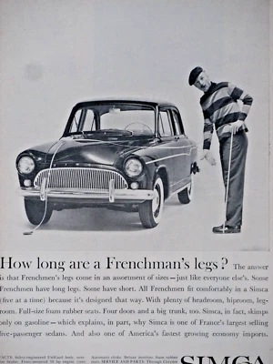1960 Simca Vintage Frenchman's Legs Import By Chrysler Original Print Ad 8.5x11" - Image 1 of 3