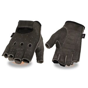 Men's Distressed Gray Leather Fingerless Gloves W/ Gel Padded Palm **MG7557.110