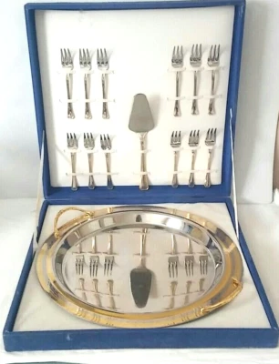 Stainless Steel Dessert Serving Set 14 Pc With Gold & Silver Overlay From Italy - Image 1 of 4