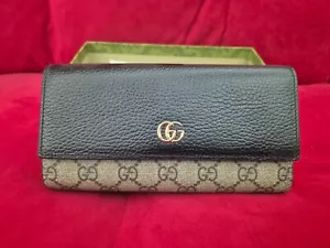 Gucci button closure long wallet - black leather with beige monogram pattern - Picture 1 of 4