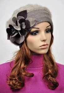 JM72 Rabbit Fur & Wool Women's Winter Hat Beanie Cap Cute 3D Flowers KHAKI - Picture 1 of 4