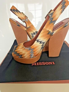 MISSONI 37.5 7.5 Brown Textile ZigZag Platform Slingback Sandals Pumps Chunky - Picture 1 of 19
