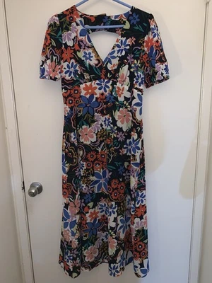 Vestido midi floral para mujer talla 6 manga corta abullonada lazo trasero abierto; Donna Morgan Foto 1 de 4