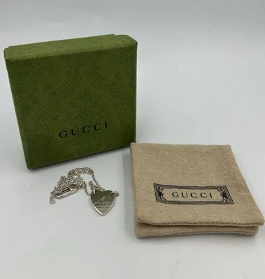 Gucci Sterling Silver Heart Logo Tag Pendant Necklace - Genuine - Chain Link 925 - Image 1 of 4