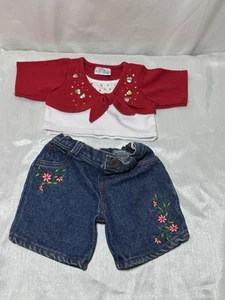 Build A Bear Denim Jeans bestickt rot Blumen rot weiß Pailletten Herz Top - Bild 1 von 7