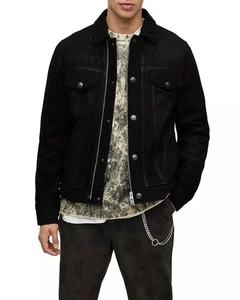 Men's Black Leather Trucker Jacket Pure Suede Leather Coat - Picture 1 of 6