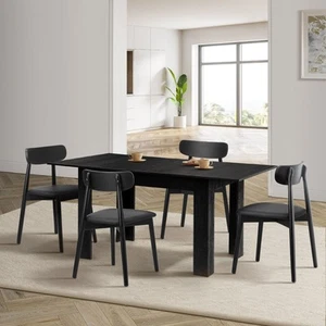 Oikiture 160cm Extendable Dining Table with 4x Dining Chairs PU Leather Black - Picture 1 of 10