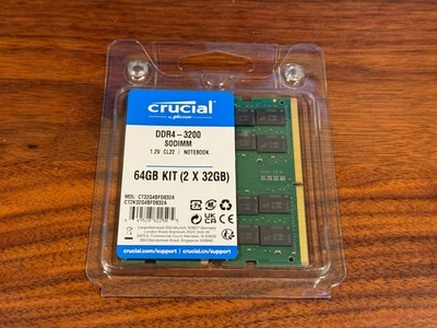 Crucial 64GB DDR4 KIT 2x 32GB 3200 MHz PC4-25600 SODIMM 260-Pin Laptop Memory - Image 1 of 2