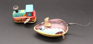 Vintage Tin Windup Toys (lot of 2) Mouse with Tail & Train Locomotive D.178 - Picture 1 of 10
