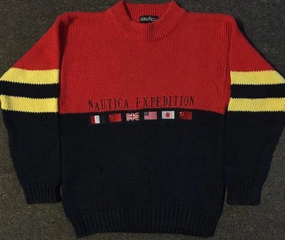 Vtg 90s Nautica Expedition Colorblock Flag Knit Sweater XS Sailing Boat Blue 80s - Image 1 of 4