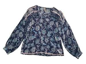 Raga Anthropologie Top Blue Boho Floral Tassel Fringe Long Sleeve Women's Small - Picture 1 of 9
